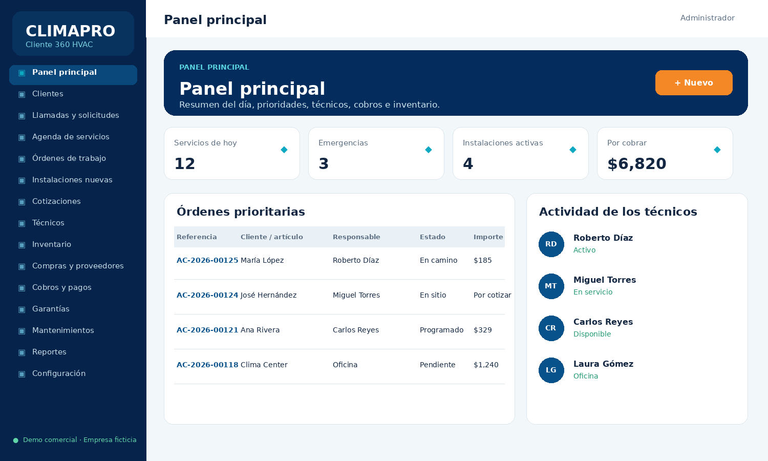 Vista del sistema Cliente 360 desarrollado como proyecto comercial